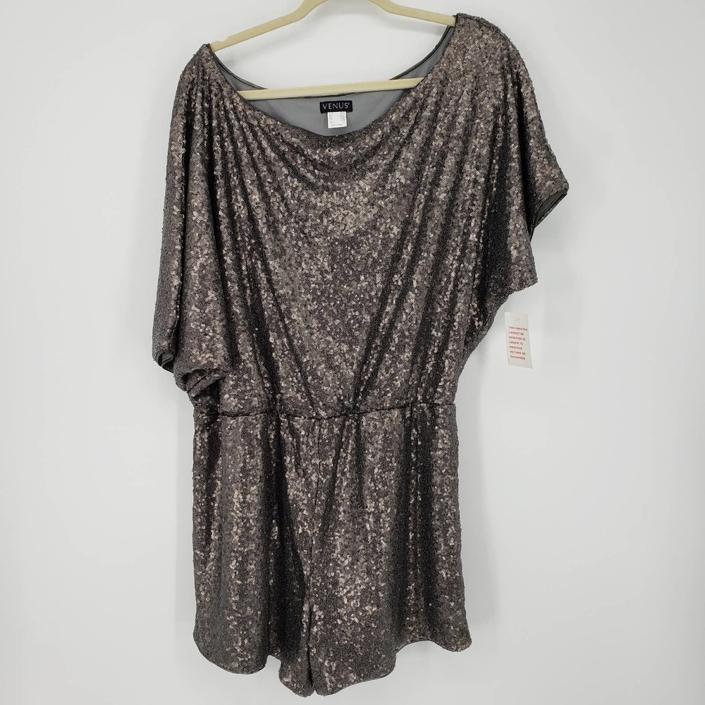 Venus Off the Shoulder Shorts Romper XL Sequin Embellished Asymmetrical Gray NWT - Picture 2 of 11